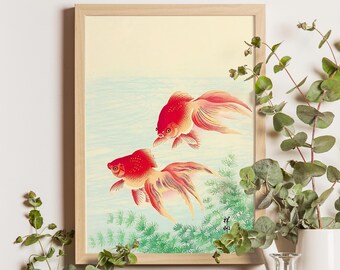 Goldfish, Ohara Koson, 1926, Japanese woodblock print of goldfish swimming, aquatic art, traditional fish artwork, zen wall decor