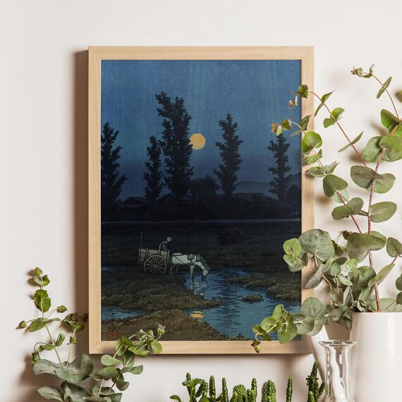 川瀬巴水作「中之島公園の夕月」1930年、日本の木版画、夜景、札幌の