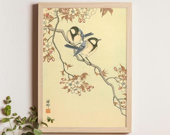 小原古邨による日本のアートプリント「鳥と赤い蔦」、木版画、ジクレー