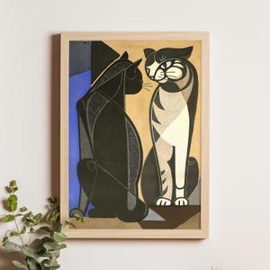 Chatting Cats, Inagaki Tomoo, 1956, Japanese modernist print of two cats, vintage animal woodblock art, mid-century feline wall decor