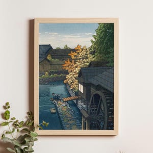 Kawanishi Town, Tochigi, Kawase Hasui, 1940, snowy Japanese street print, winter landscape wall art, shin-hanga woodblock scene
