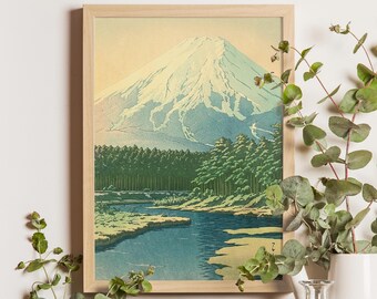 川瀬巴水作「忍野から見た富士山」木版画、ジクレー、版画、山、風景