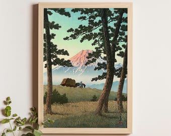 川瀬巴水作「月明かりの富士山 河合橋」木版画、ジクレー、版画