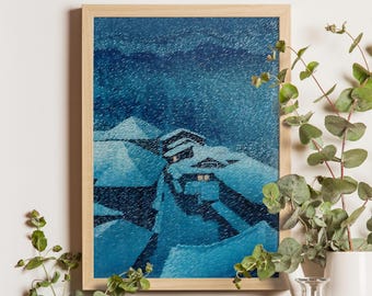 川瀬巴水作「平泉雪の金色堂」日本美術版画、木版画、ジクレー、版画