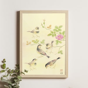 Rosy Finch and Wild Rose, Shizuo Ashikaga Print, Japanese Art, Ukiyo-e Art, Rosy Finch and Wild Rose Poster, Vintage Japanese Wall Art
