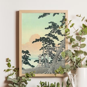 Clouds Aglow with the Setting Sun, Kawase Hasui, 1930, Japanese landscape woodblock print, sunset sky art, shin hanga decor