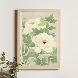 White Peonies - Kawarazaki Shodo Art Print, Japanese Ukiyo-e, Vintage Floral Wall Art, Shodo Peony Flower Poster, Free Shipping