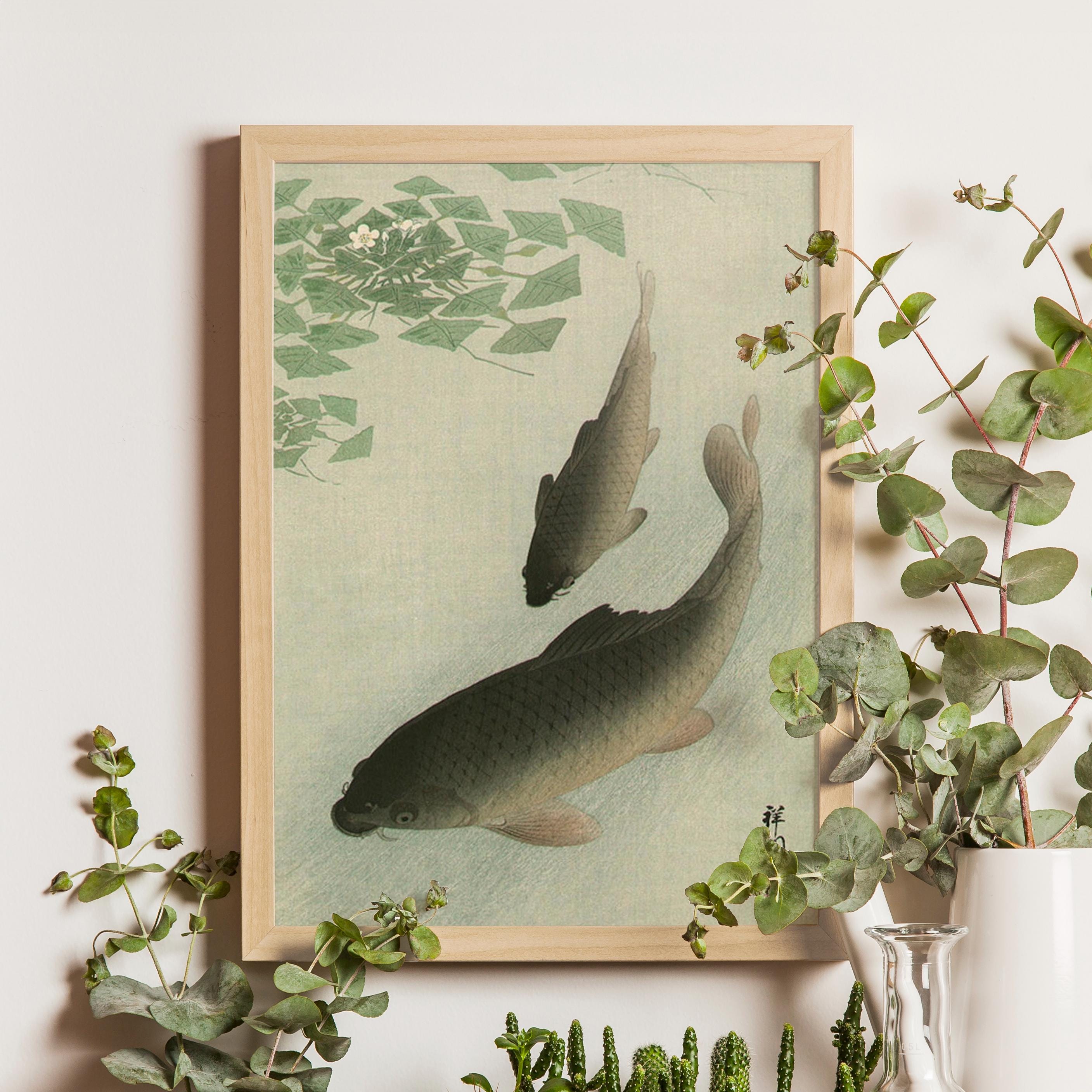 二匹の鯉と咲く水草、小原古邨、1926年、日本の木版画、花鳥絵、鳥、花