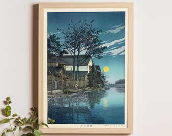川瀬巴水作「潮来の夕べ」日本美術版画、木版画、ジクレー、版画、文化