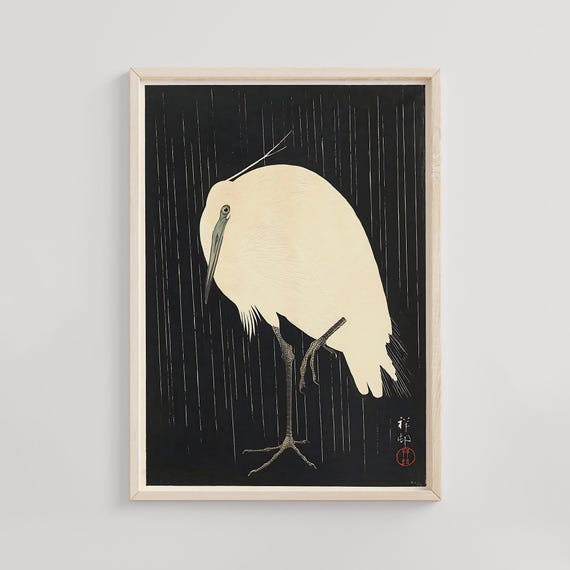 雨の夜の白鷺、小原古邨、1928年、新版画の鳥の版画、日本の木版画