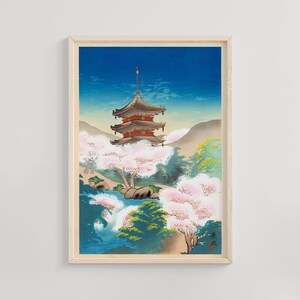 Pagoda in Spring, Keisui, 1930s, Japanese temple print with cherry blossoms, spring landscape poster, vintage Japan wall decor