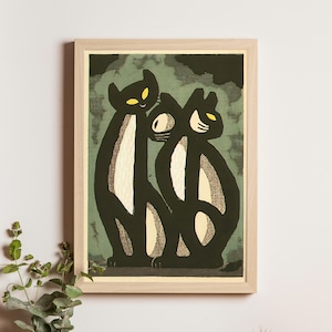 Friendly Cats, Inagaki Tomoo, 1980, Japanese woodblock print of two cats, vintage animal art, modernist feline giclée poster decor