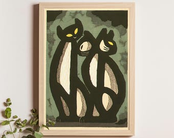稲垣智雄作「猫（うん）」、木版画、ジクレー版画、版画、文化芸術