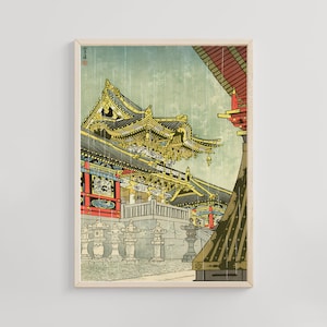 Yomei Gate in Light Rain Art Print, Kasamatsu Shiro Ukiyo-e, Japanese Temple Art, Rainy Day Poster, Traditional Japanese Decor