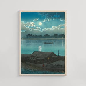 Moon on the Arakawa River, Kawase Hasui, 1931, Japanese shin-hanga night landscape print, full moon river woodblock art poster