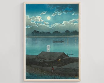 川瀬巴水作「二宮海岸の春月」日本美術版画、木版画、ジクレー、版画
