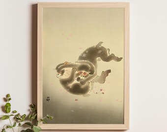 Playing Monkeys, Ohara Koson, Early 20th C., Japanese animal print, vintage monkey artwork, shin hanga wildlife fine art poster