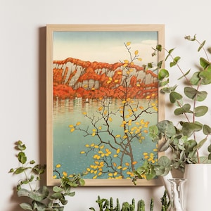Senjo Cliff, Towada Lake, Kawase Hasui, 1930s, vintage landscape woodblock print, iconic Japanese scenic art, serene nature artwork