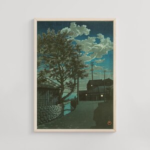 Kamezaki, Kawase Hasui, 1928, Japanese shin-hanga woodblock print of coastal village in spring, traditional landscape wall art