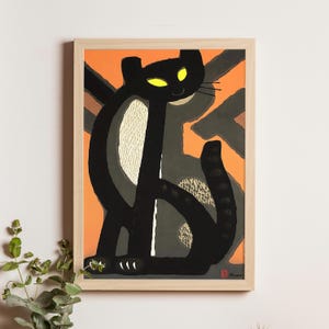 Long-tailed Cat by Inagaki Tomoo, 1958, Japanese woodblock print of a black and white cat, mid-century animal art giclée print