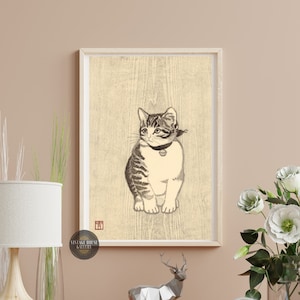 Chat chaton par Aoyama Masaharu, gravure sur bois, art japonais, affiche vintage restaurée