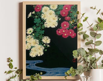 Chrysanthemums and Running Water, Ohara Koson, 1930, Japanese woodblock print art, floral wall decor, vintage botanical poster