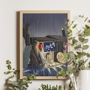 Noodle Restaurant on a Rainy Night, Tokuriki Tomikichiro, 1951 Ukiyo-e Art, Japanese Food Print, Vintage Rain Scene