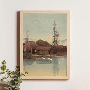 Ukijima, Ryujo, Ibaragi, Kawase Hasui, 1930s, Japanese woodblock landscape with rivers and willows, shin hanga collectible print