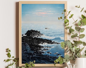 Morning of Cape Inubo, Kawase Hasui, 1930, Japanese woodblock print, coastal seascape, shin hanga art, vintage ocean scene