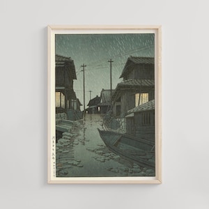 Evening Rain at Kawarago, Kawase Hasui, 1940, Japanese woodblock print of rainy riverside village, shin-hanga landscape wall art