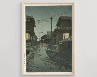 川瀬巴水作「品川両志町の梅雨」木版画、ジクレー、版画、アジア美術