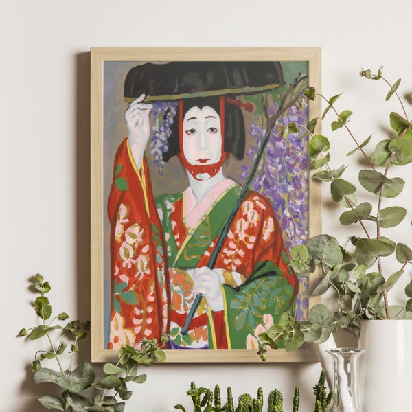 Onoe Baikou Playing Fuji Musume, Hasegawa Noboru, 1950s Ukiyo-e Art, Wisteria Maiden Print, Japanese Geisha, Vintage Decor