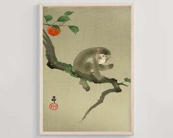 Monkey and Persimmon by Ohara Koson, early 20th C., Japanese woodblock print, kacho-e wildlife art, shin-hanga poster