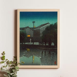 Ishizue in Niigata, Kawase Hasui, 1934, shin hanga Japanese woodblock print reproduction, coastal town landscape wall art decor