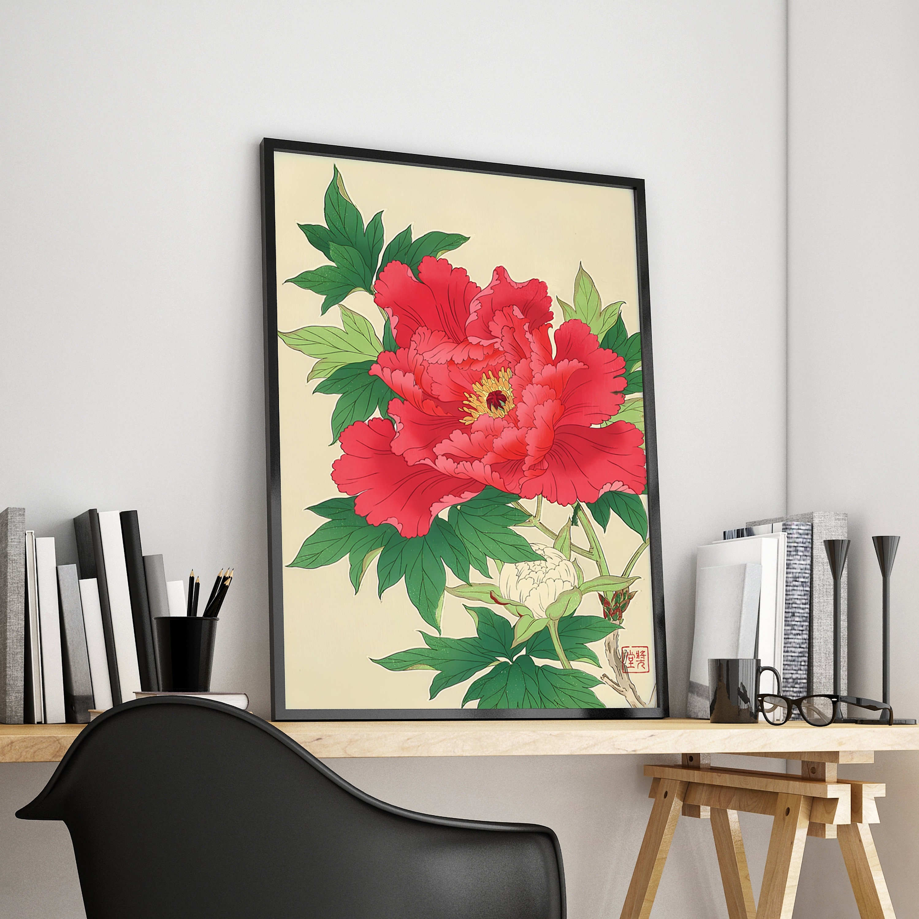 『赤い衿』　　水彩肉筆画 Red Peony, Kawarazaki Shodo Art Print, Japanese Ukiyo-e
