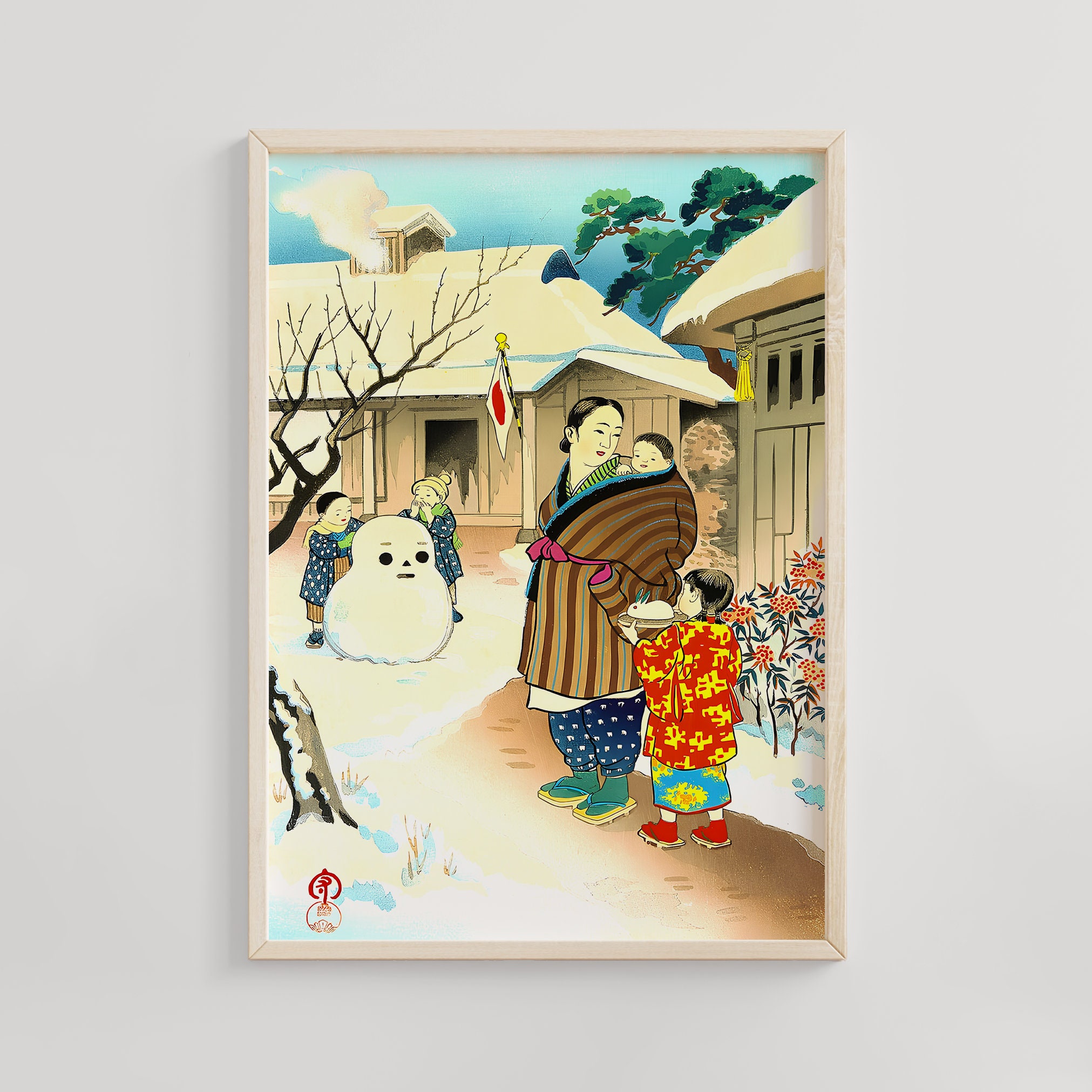 雪だるまと雪うさぎ、日吉守、1950 年代の浮世絵、日本の冬の風景