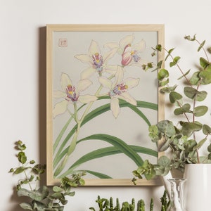 White Orchid - Kawarazaki Shodo Ukiyo-e Print, Early 20th Century Japanese Art, Orchid Flower, Asian Floral Wall Decor