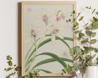 White Orchid - Kawarazaki Shodo Ukiyo-e Print, Early 20th Century Japanese Art, Orchid Flower, Asian Floral Wall Decor