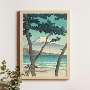 Mt Fuji from Miho, Kawase Hasui, 1930s, Japanese woodblock print featuring Mount Fuji and coastal pine trees, classic landscape art