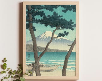 川瀬巴水作「三保の松浜」、木版画、ジクレー、版画、風景、雲、海
