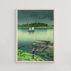 Arakawa River in May Rain, Kawase Hasui, 1930s, Japanese woodblock print of riverside landscape in rain, shin-hanga wall art decor