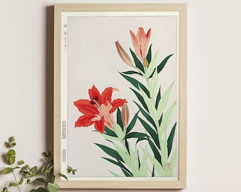 May include: A framed print of a Japanese-style illustration of red lilies with green leaves. The print is in a light wood frame and has the text "[Japanese characters]" in the top left corner.
