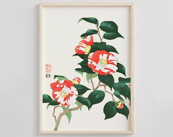 Kamelien - Ito Nisaburo Kunstdruck, Ende des 20.Jahrhunderts Ukiyo-e, japanische Blumen Wanddekoration, Vintage Kamelienblüte Poster
