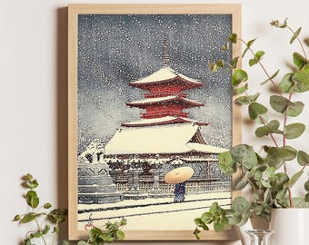 川瀬巴水作「平泉雪の金色堂」日本美術版画、木版画、ジクレー