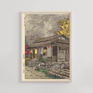 Casa en Okutama - Kasamatsu Shiro Japanese Ukiyo-e Art Print, Arquitectura japonesa vintage, Paisaje escénico, Decoración tradicional