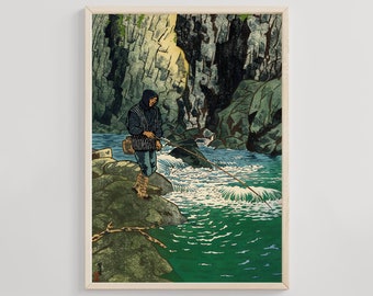 イワナ釣り、笠松四郎浮世絵、日本のアートワーク、漁師のポスター