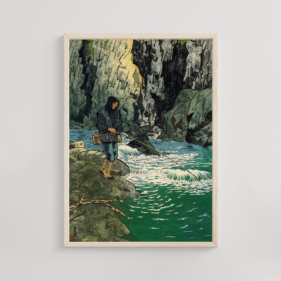 絵画　バディマ　釣人 イワナ釣り、笠松四郎浮世絵、日本のアートワーク、漁師のポスター
