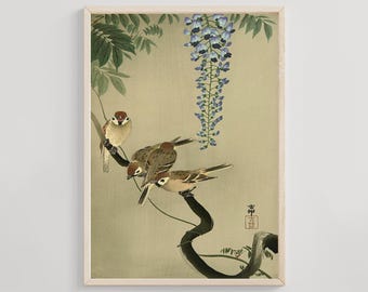 May include: A framed print of a traditional Japanese illustration. Three small birds perch on a dark, curved branch, with a fourth bird perched separately. Blue wisteria flowers hang from above. The background is a muted, light green.