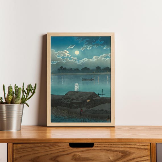 荒川の月、川瀬巴水、1931年、日本の新版画の夜景、満月の川の木版画
