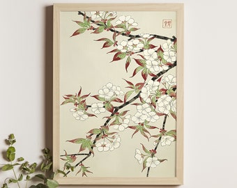 Könnte beinhalten: Ein gerahmter Druck einer japanischen Illustration eines Kirschblütenzweigs mit weißen Blüten und rotbraunen Blättern. Der Druck hat einen cremefarbenen Hintergrund und den Text "豊春" in einem roten Quadrat oben rechts.